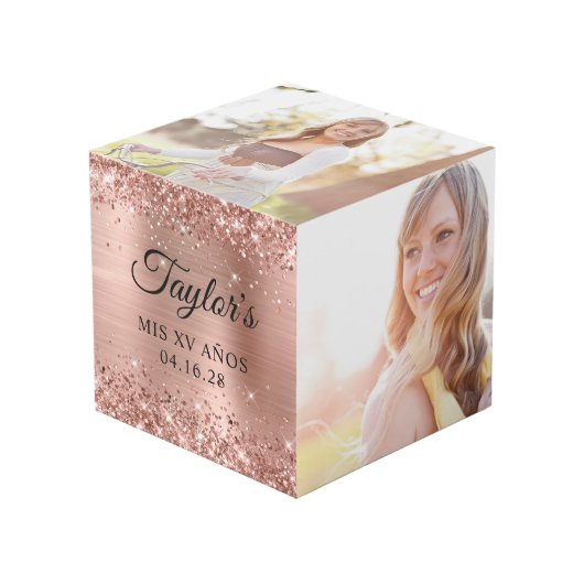 Glitterig Roos Goudfolie Mis XV Años Foto Kubus (Voorkant hoekig)