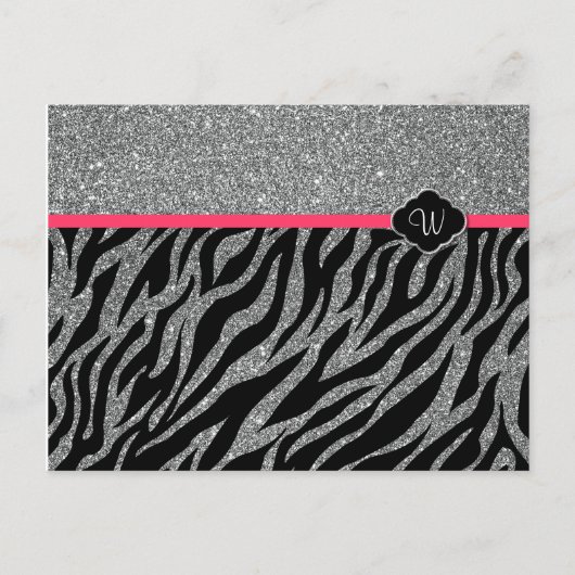 Glitterig Roze Zilveren Zebra met Eigen Initiaal Briefkaart (Voorkant)