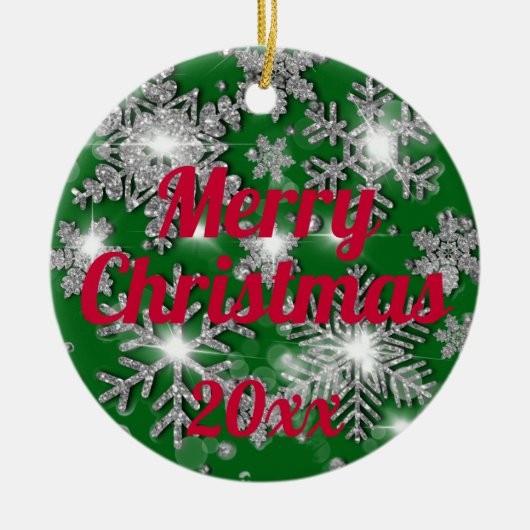 Glitterig sprankelend zilveren feestelijke sneeuwv keramisch ornament (Voorkant)