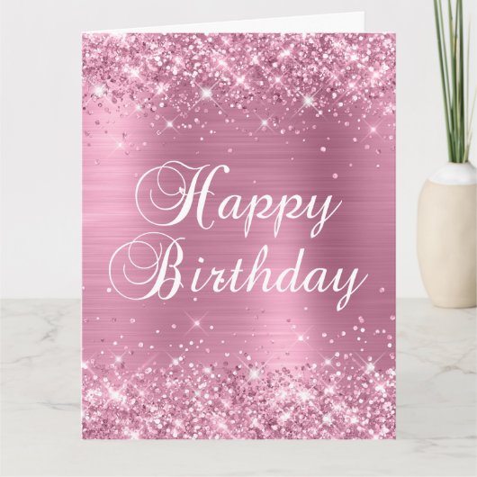 Glitterig Stof Roze Grote Verjaardag Kaart (Voorkant)