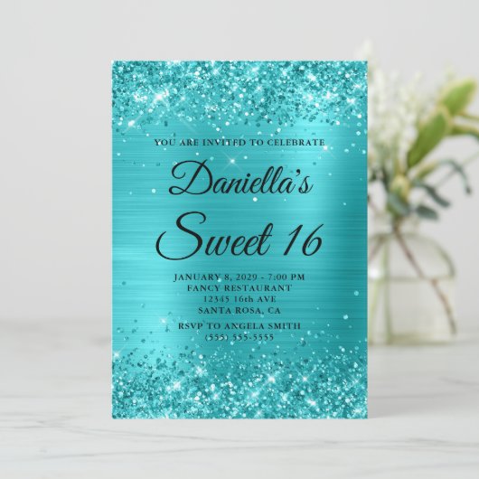 Glitterig Turquoise Blauw Folie Sweet 16 Kaart (Staand voorkant)