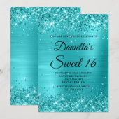 Glitterig Turquoise Blauw Folie Sweet 16 Kaart (Voorkant / Achterkant)