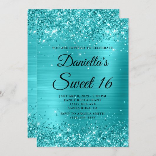 Glitterig Turquoise Blauw Folie Sweet 16 Kaart (Voorkant / Achterkant)