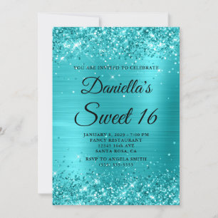 Glitterig Turquoise Blauw Folie Sweet 16 Kaart