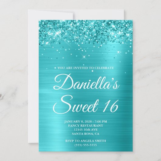 Glitterig Turquoise Blauw Metallic Sweet 16 Kaart (Voorkant)