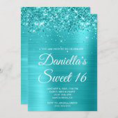 Glitterig Turquoise Blauw Metallic Sweet 16 Kaart (Voorkant / Achterkant)