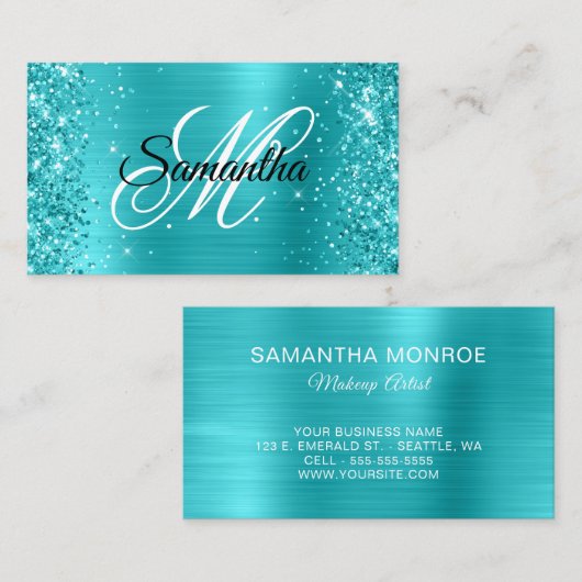 Glitterig Turquoise Blauwe Folie Fancy Monogram Visitekaartje (Voorkant / Achterkant)