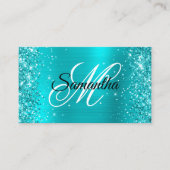 Glitterig Turquoise Blauwe Folie Fancy Monogram Visitekaartje (Voorkant)