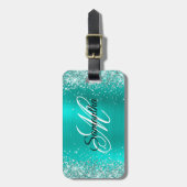 Glitterig Turquoise Folie Fancy Monogram Bagagelabel (Voorkant verticaal)
