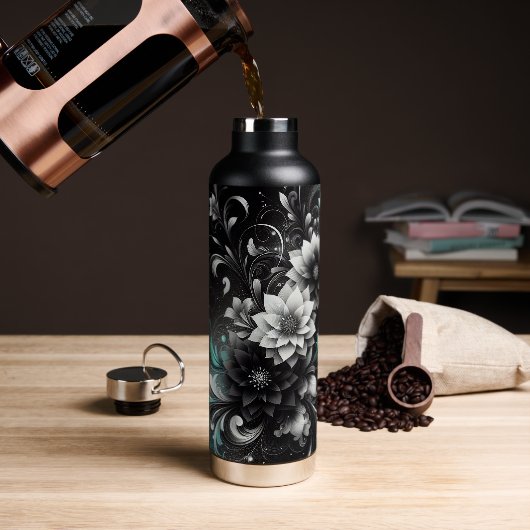 Glitterig Zwart en Blauwgroen Bloemen Waterfles (Koffie)