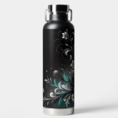 Glitterig Zwart en Blauwgroen Bloemen Waterfles (Voorkant)