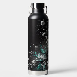 Glitterig Zwart en Blauwgroen Bloemen Waterfles