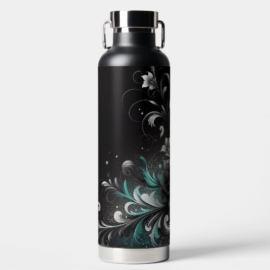 Glitterig Zwart en Blauwgroen Bloemen Waterfles (Voorkant)