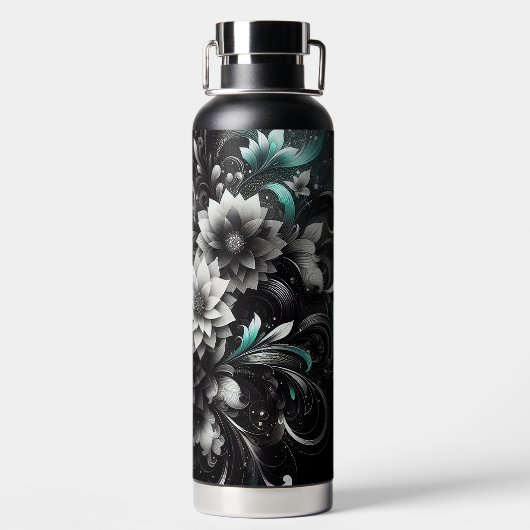 Glitterig Zwart en Blauwgroen Bloemen Waterfles (Achterkant)