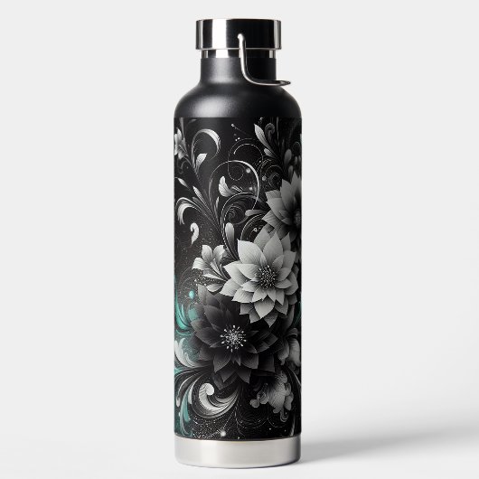 Glitterig Zwart en Blauwgroen Bloemen Waterfles (Links)