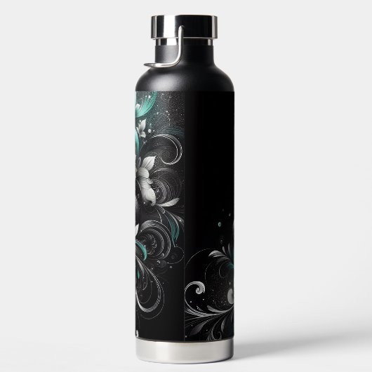 Glitterig Zwart en Blauwgroen Bloemen Waterfles (Rechts)