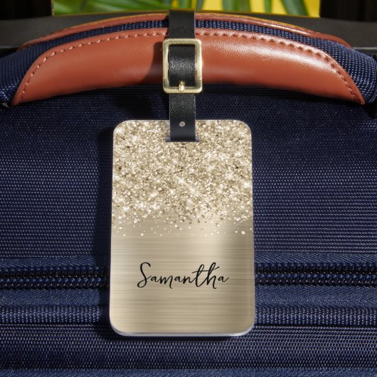 Glitterige Bleke Gouden Glam Script Naam Bagagelabel (Voorkant Insitu 2)