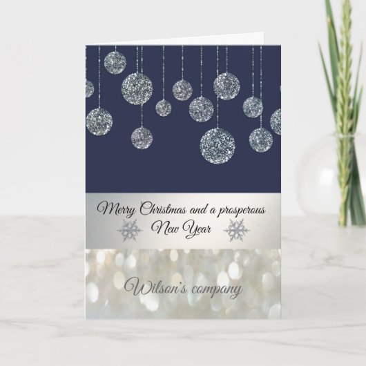 Glitterige bokeh kerstballen zakelijk feestdagen kaart (Voorkant)