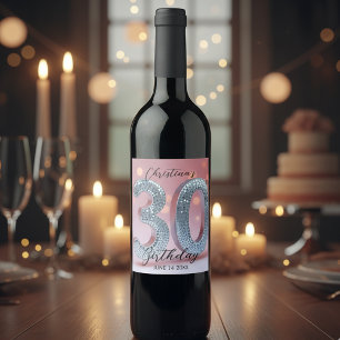 Glitterige Chic Roze en Zilveren Lovertjes 30 Verj Wijn Etiket