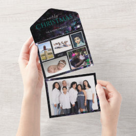Glitterige gepersonaliseerde gezinsfoto's kerstkaa all in one uitnodiging