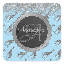 Glitterige Giraffe op Blue Monogram Gepersonalisee