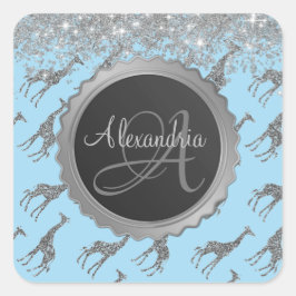 Glitterige Giraffe op Blue Monogram Gepersonalisee Vierkante Sticker