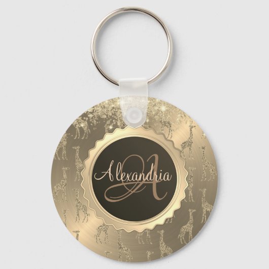 Glitterige Giraffes op Glitzy Gold Monogram Sleutelhanger (Voorkant)