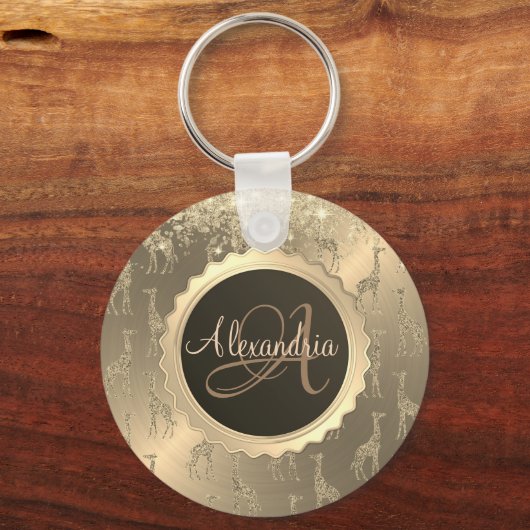Glitterige Giraffes op Glitzy Gold Monogram Sleutelhanger (Achterkant)