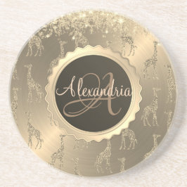 Glitterige Giraffes op Glitzy Gold Monogram Zandsteen Onderzetter