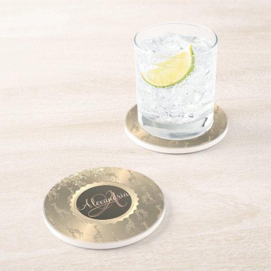 Glitterige Giraffes op Glitzy Gold Monogram Zandsteen Onderzetter (Zijkant)