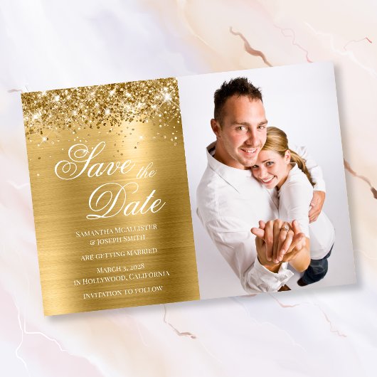 Glitterige Goud Folie Foto Save The Date