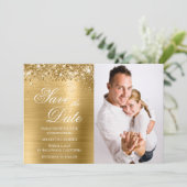 Glitterige Goud Folie Foto Save The Date (Staand voorkant)