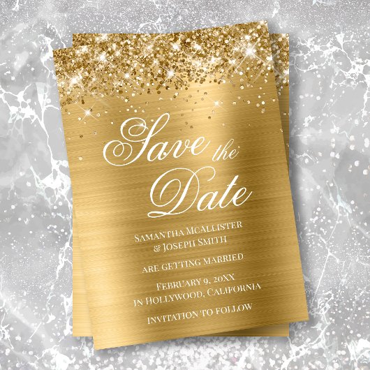 Glitterige Goud Folie Save the Date Kaart