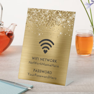 Glitterige goud folie WiFi-netwerk en wachtwoord Reclamebord Met Voetstuk