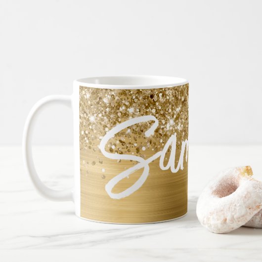 Glitterige Goud Glam Borstel Script Naam Koffiemok (Met donut)