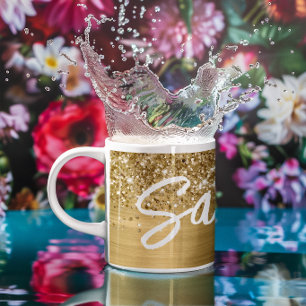 Glitterige Goud Glam Borstel Script Naam Koffiemok