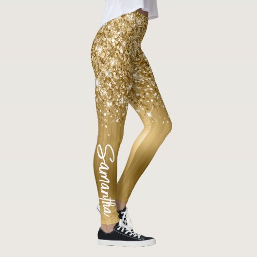 Glitterige Goud Glam Borstel Script Naam Leggings (Rechts)
