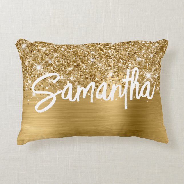Glitterige Goud Glam Kwast Lettertype Naam Accent Kussen (Voorkant)