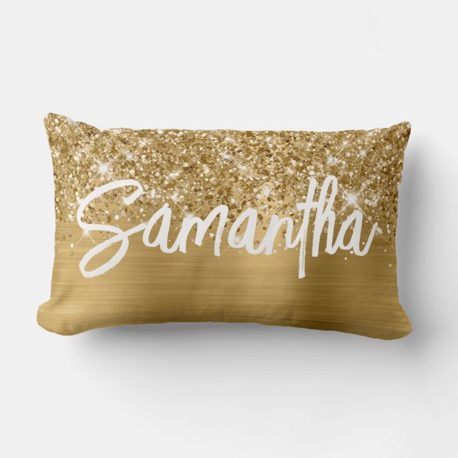 Glitterige Goud Glam Kwast Lettertype Naam Kussen (Voorkant)