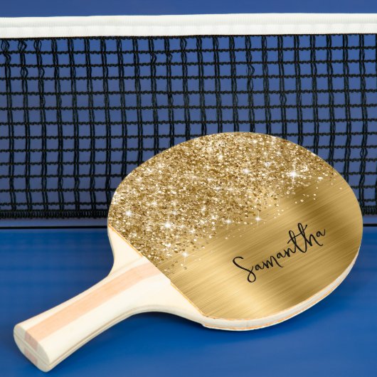 Glitterige Goud Glam Script Naam Tafeltennisbatje (Insitu)
