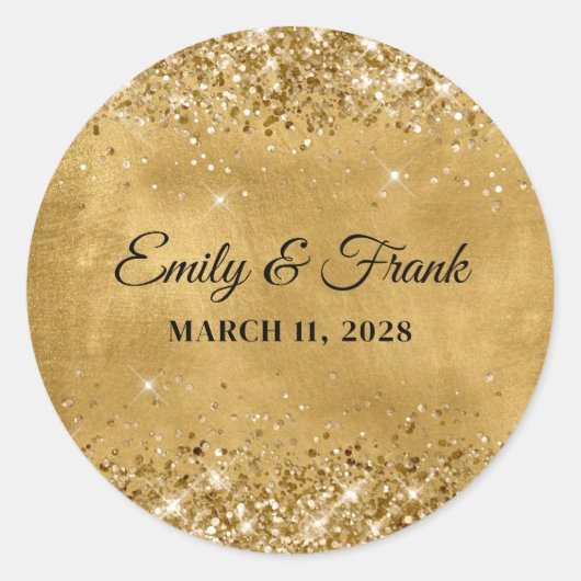 Glitterige Gouden Bruiloft Ronde Sticker (Voorkant)