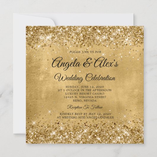Glitterige Gouden Elegante Bruiloft Kaart (Voorkant)