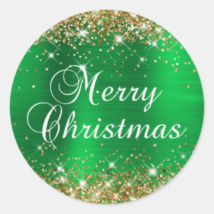 Glitterige Gouden en Groene Folie Prettig Kerstfee Ronde Sticker