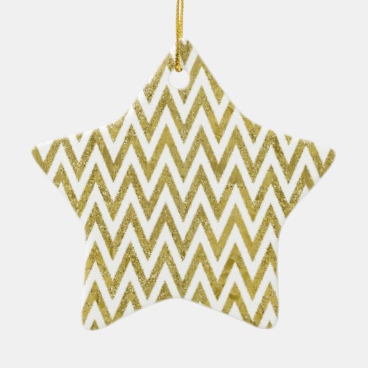 Glitterige gouden en witte Chevron strepen Keramisch Ornament (Voorkant)