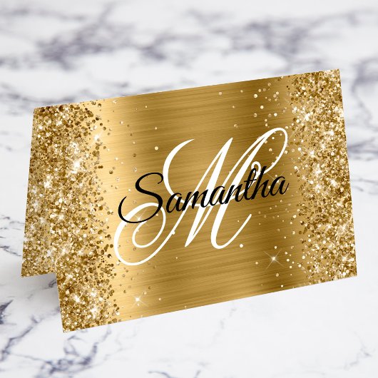 Glitterige Gouden Fancy Monogram Plaatskarten Kaart