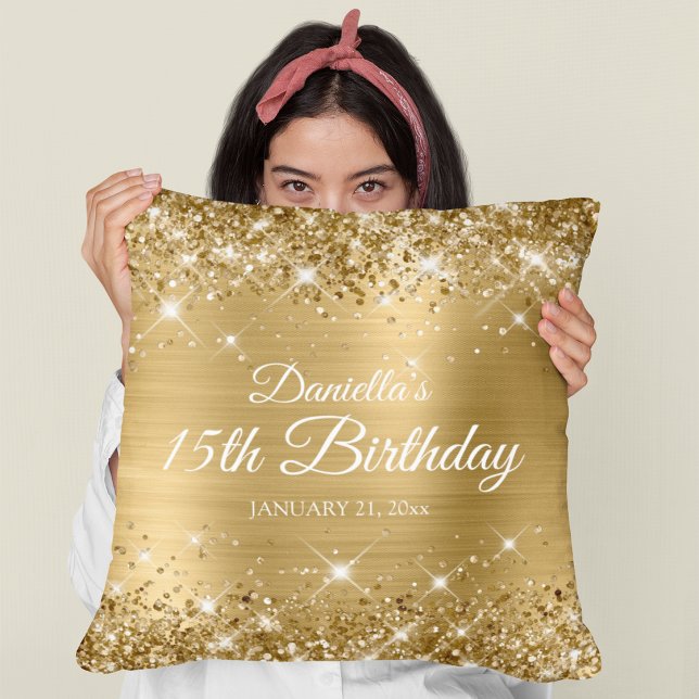 Glitterige gouden folie 15e verjaardag kussen (Glittery Gold Foil 15th Birthday Throw Pillow)
