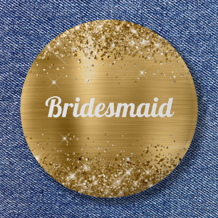 Glitterige Gouden Folie Bruidsmeisje Ronde Button 5,7 Cm