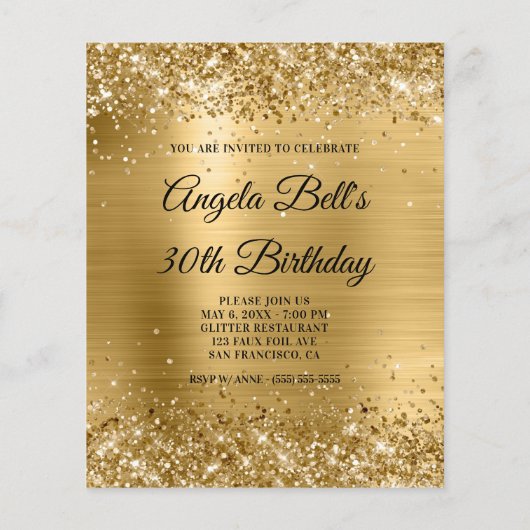 Glitterige gouden folie fancy monogram uitnodiging (Achterkant)