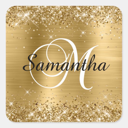 Glitterige Gouden Folie Klassieke Script M Monogra Vierkante Sticker (Voorkant)