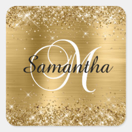 Glitterige Gouden Folie Klassieke Script M Monogra Vierkante Sticker
